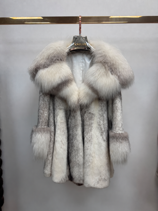Alps Mink Fur Coat with Fox Collar - Silver Grey
