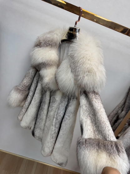 Alps Mink Fur Coat with Fox Collar - Silver Grey
