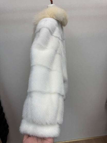 St Moritz- Mink Fur with Fox Collar - Ivory White