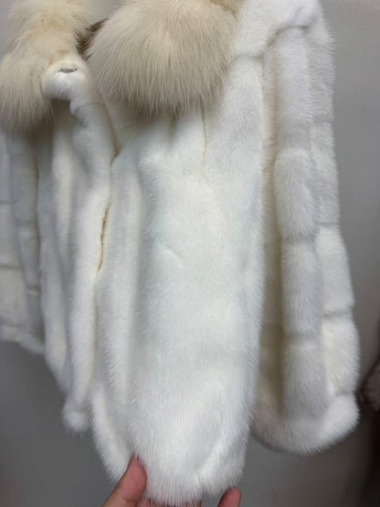 St Moritz- Mink Fur with Fox Collar - Ivory White